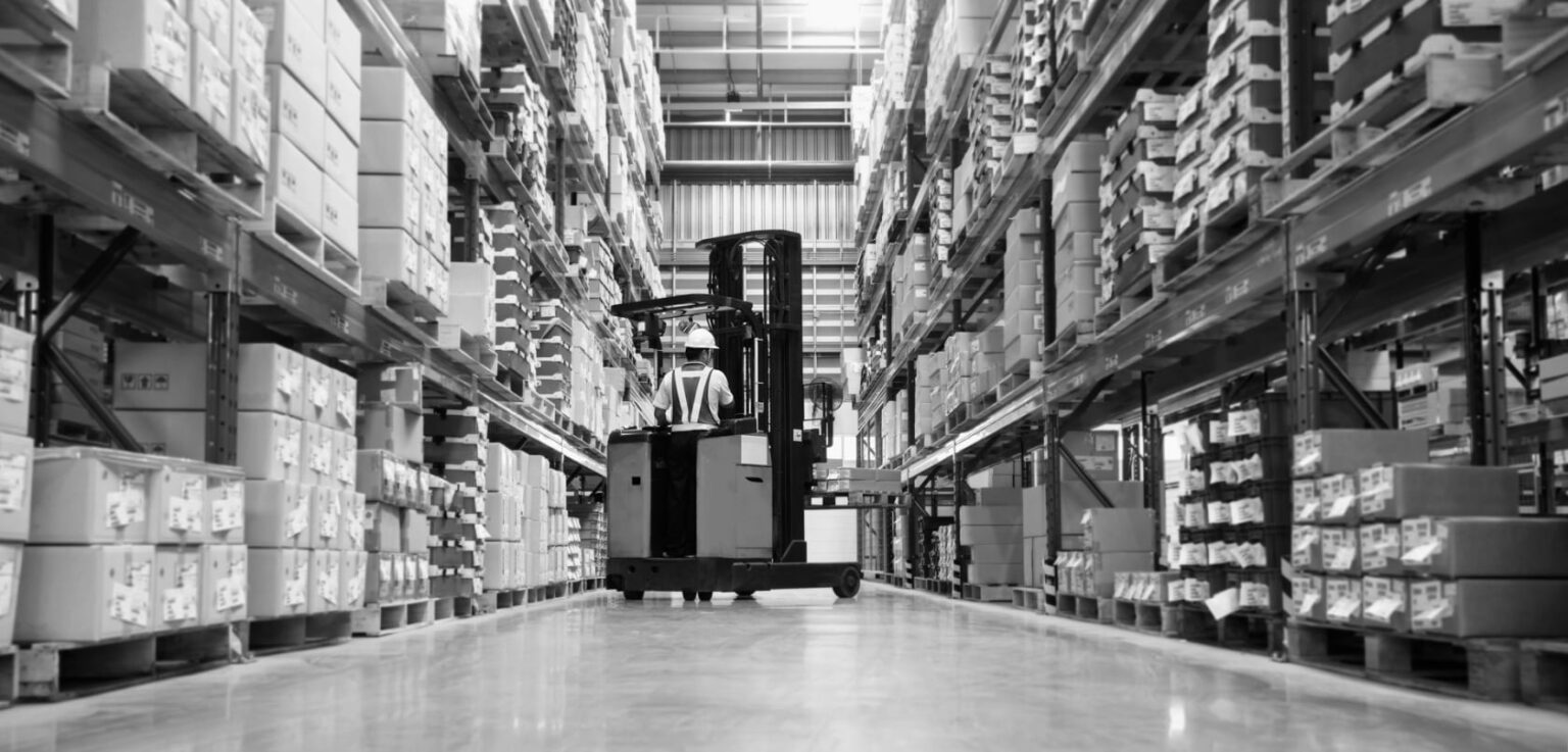 standing forklift in warehouse